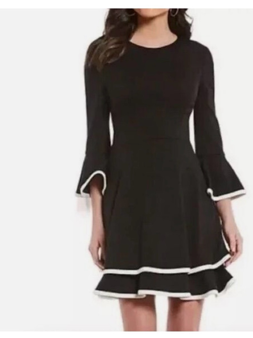 Eliza J Black Ponte Women's Black Ruffle Hem Dress with White Trim